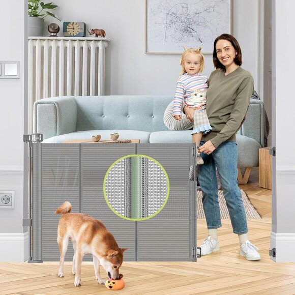 Reinforced 55" Wide Retractable Dog Gate with Support Rods, 33" Tall Retractable - Picture 1 of 10